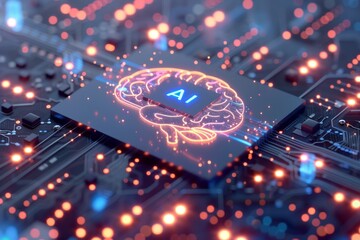 AI Brain Chip language network. Artificial Intelligence neurofeedback system mind neon caribbean blue axon. Semiconductor cmos technology circuit board neon mint green - obrazy, fototapety, plakaty