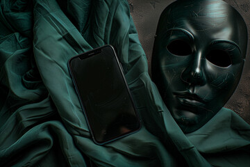 A sleek modern smartphone rests against a sculpted mask draped in folds of emerald green fabric, evoking a sense of hidden identity, digital presence and phone scam