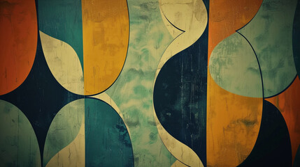 Retro Mid-Century Abstract Background Loop. Colorful Shapes With Grunge Texture.	