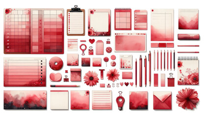 watercolor set, focusing on the color red. This set features a variety of list sheets, cute sticky notes, and memo  pads as design elements - obrazy, fototapety, plakaty