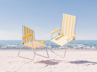 two yellow and white striped beach chairs levitating on sandy shore with clear blue sky and ocean waves in the background. Abstract summer concept.
