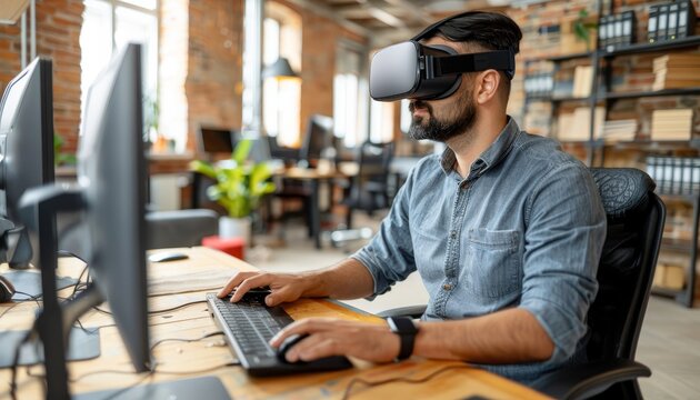 Young businessman using vr glasses in a startup office for online metaverse meeting