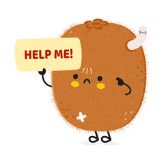 Cute sad sick Kiwi fruit asks for help character. Vector hand drawn cartoon kawaii character illustration icon. Isolated on white background. Suffering unhealthy Kiwi fruit character concept