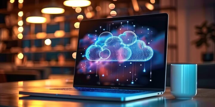 Technology and imagination captures essence of modern data storage solutions whimsical powerful cloud hovers above laptop symbolizing limitless potential of cloud computing