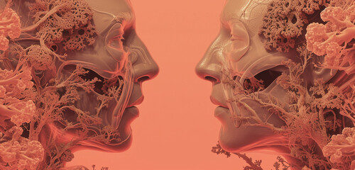 Artistic representation of the nasal passages and their connection to the throat, set on a muted coral background - obrazy, fototapety, plakaty