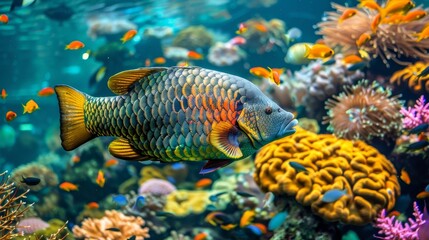 Naklejka na ściany i meble Colorful wrasse fish swimming among vibrant corals in saltwater aquarium environment