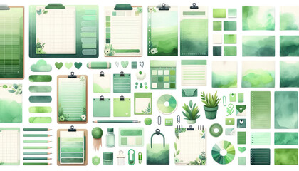 watercolor set featuring a variety of list sheets green color , digital cute sticky notes, and memo pads as design elements pads as design elements - obrazy, fototapety, plakaty