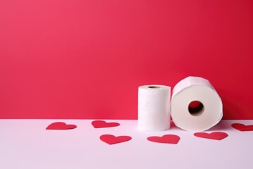 Toilet paper rolls with heart cutouts on a contrasting pink and red background. Valentine's Day Humor