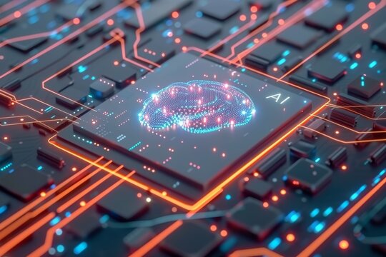 AI Brain Chip optic nerve. Artificial Intelligence long term memory mind sustainable technology axon. Semiconductor nanoscale imaging circuit board server optimization