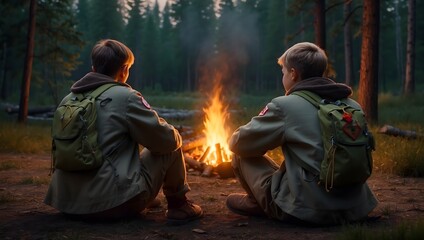 scouts sit by the campfire - obrazy, fototapety, plakaty