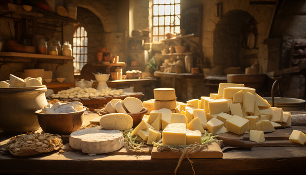 production of natural cheese in a cheese factory. cheese on the factory shelves.