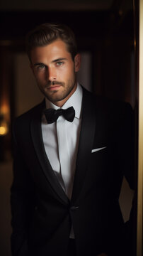 Portrait of handsome man with beard wearing tuxedo standing in doorway and looking at camera 