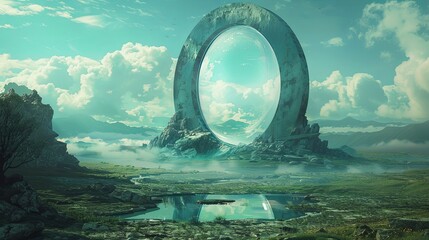 Digital artwork of a giant futuristic portal standing amidst a serene mountain landscape under a vast, cloud-filled sky.