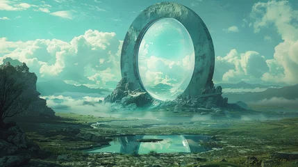 Poster Im Rahmen Digital artwork of a giant futuristic portal standing amidst a serene mountain landscape under a vast, cloud-filled sky. © Pui