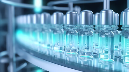 Medical vials on production line in pharmaceutical factory, pharmaceutical industry background