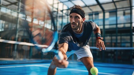Close up of Tennis player playing in a championships game on a blue tennis court. - obrazy, fototapety, plakaty