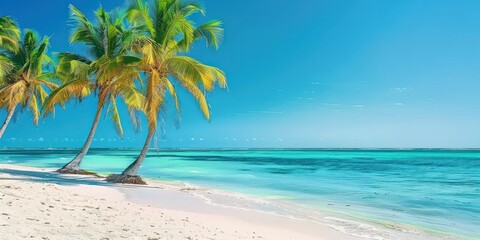 Tropical paradise idyllic beach scene invites viewer into world of serene beauty and unspoiled nature golden sands stretch endlessly along coastline by gentle waves of crystal clear ocean
