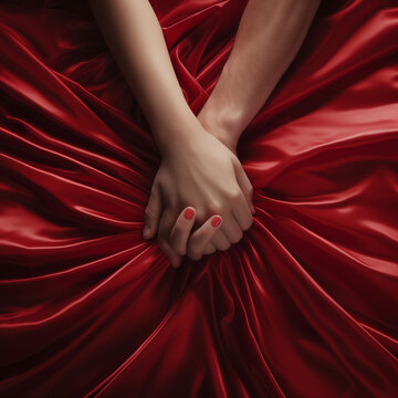 Close up on couple holding hands on red satin sheets symbolising sex or making love 