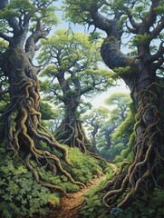 Mythical Creature Fantasy Art Print of Enchanted Dryads and Seascape Trees