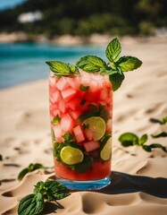a photo of a colorful watermelon mojito with mint and basil leaves on the beach in the sand