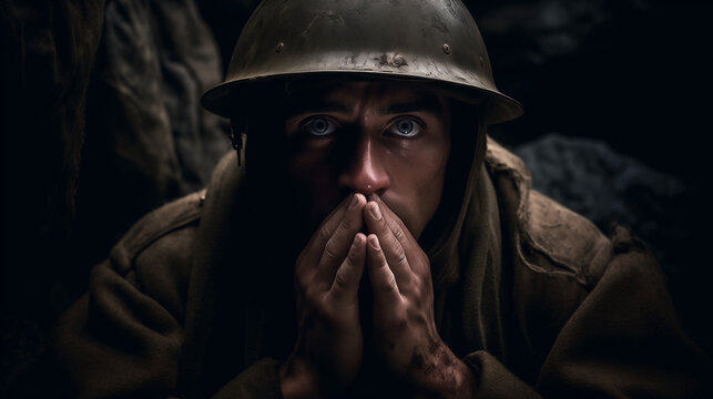 Portrait of World War 2 soldier in uniform and helmet looking at camera. 