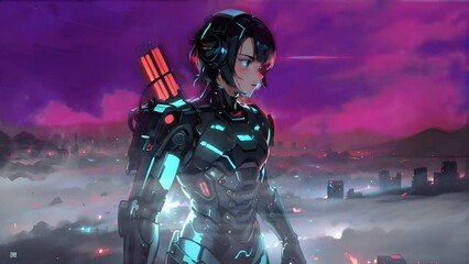 "Anime woman appearing ready for battle, adorned in full armor, against a menacing sky, enhanced with a seamless time-lapse effect."