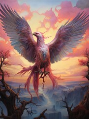 Harpy Dawn: Mythical Birds Sky Art - Enchanting Fantasy Painting - obrazy, fototapety, plakaty