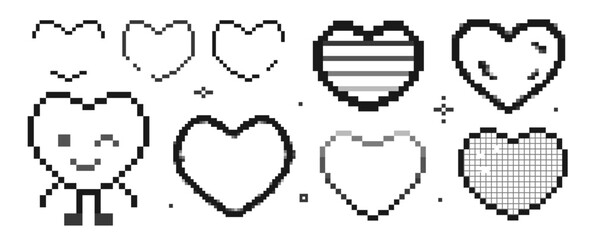 Hearts in pixel and y2k style. Set of retro trendy icons love in monochrome colors. Heart character winks and smile. Vector illustration