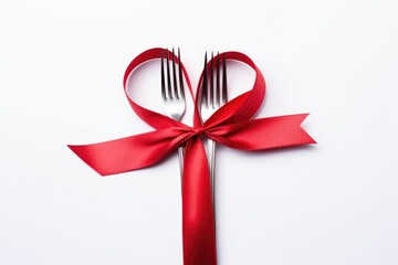 Romantic Dining Concept with Fork and Knife Tied by Red Ribbon. Silver fork and knife crossed and tied together with a glossy red ribbon in a heart shape on a pure white background.