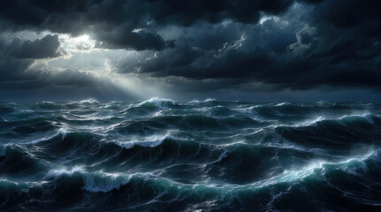 Obraz premium Stormy sea at night. Heavy sea. A strong storm with big waves in the ocean. Night thunderstorm. Generative AI.