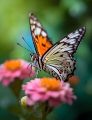 Fototapeta na wymiar Macro shots, Beautiful nature scene. Closeup beautiful butterfly sitting on the flower in a summer garden. Generative AI