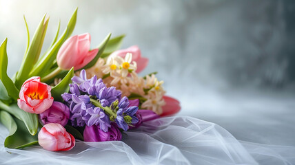 Bouquet of fresh tulips and hyacinths in vase on gray color background. Still life with beautiful spring flowers, banner with copy space
