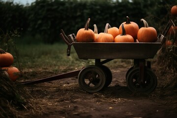 Wheelbarrow filled with pumpkin on pumpkin field 