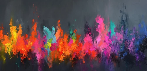 Fotobehang Bold abstract expressionist brush strokes in a riot of neon colors against a dark gray background © Aaron Gallery  