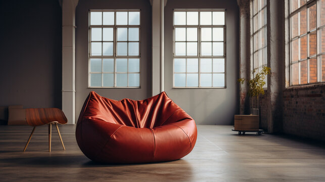 Isolated modern exclusive couch sofa with shiny orange color leather material in an old building interior background with rustic finishes  