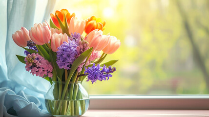 Bouquet of fresh tulips and hyacinths in vase near window. Still life with beautiful spring flowers, banner with copy space