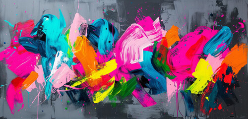 Bold abstract expressionist brush strokes in a riot of neon colors against a dark gray background