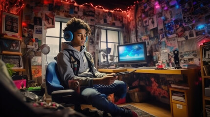 Obraz premium A teenager use google vr in his room