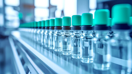 Medical vials on production line in pharmaceutical factory, pharmaceutical industry background
