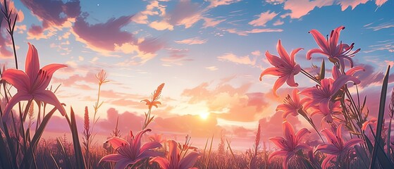a picture of a sunset with flowers in the foreground