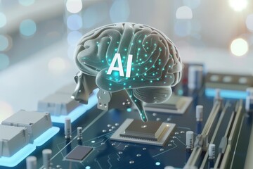 AI Brain Chip mental performance. Artificial Intelligence silicon germanium mind biomedical informatics axon. Semiconductor inspirational circuit board failure analysis - obrazy, fototapety, plakaty