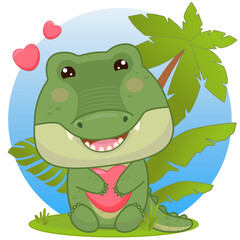 A cartoon crocodile sits on a palmetto in the leaves and hugs a heart. Crocodile in kawaii style. Vector illustration of drawings, prints and patterns. Children s illustration. Isolated on white