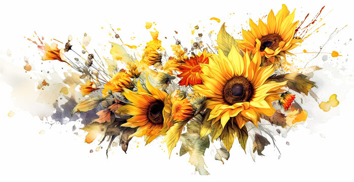 Watercolor sunflower clipart illustration Isolated on white background.