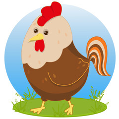 Funny cockerel in kawaii style. Kawaii rooster. Vector illustration of drawings, prints and patterns. Children s illustration. Isolated on white background © Elena