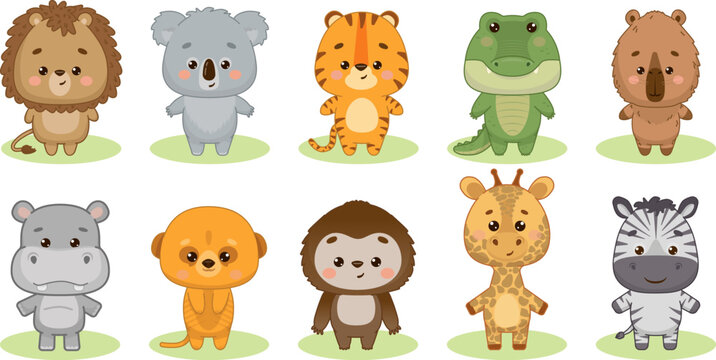 Set of tropical animals. Hippopotamus, lion, meerkat, capybara, giraffe, crocodile, zebra, sloth, tiger, koala. Vector illustration of drawings, prints, patterns. Isolated on white background