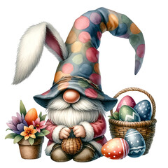 Watercolor Easter Gnome, Bunny Easter Rabbit,  Colorful cute gnome with Easter quote sign