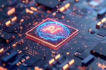 AI Brain Chip cryptocurrency. Artificial Intelligence quantum internet human ai service mind circuit board. Neuronal network episodic memory smart computer processor dfb - obrazy, fototapety, plakaty