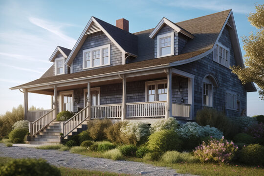 Small village wooden house. Traditional cottage house architecture in Cap Cod style.