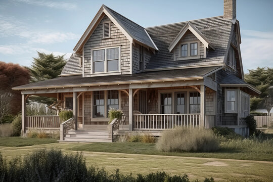 Small village wooden house. Traditional cottage house architecture in Cap Cod style.