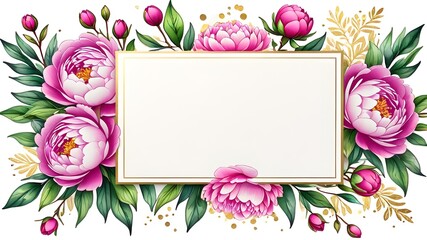 pink and gold floral Frame,copy space for text card with flowers and leaves , watercolour , wedding invite,Happy Women's, Mother's, Valentine's Day, birthday greeting card design. - obrazy, fototapety, plakaty